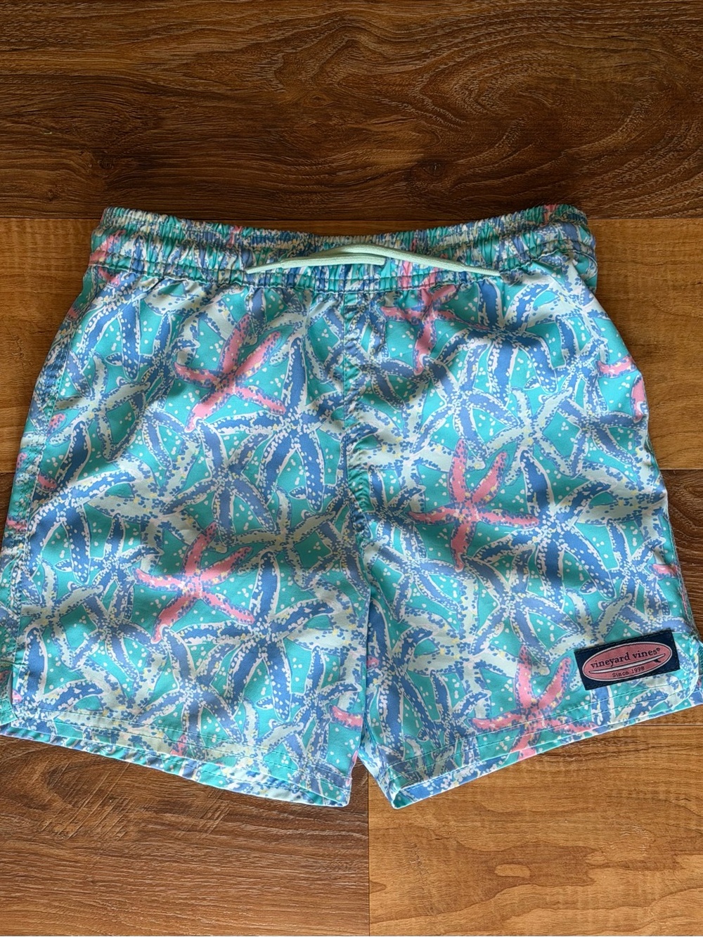 Vineyard Vines Teal Swim Shorts with Pink & White Starfish